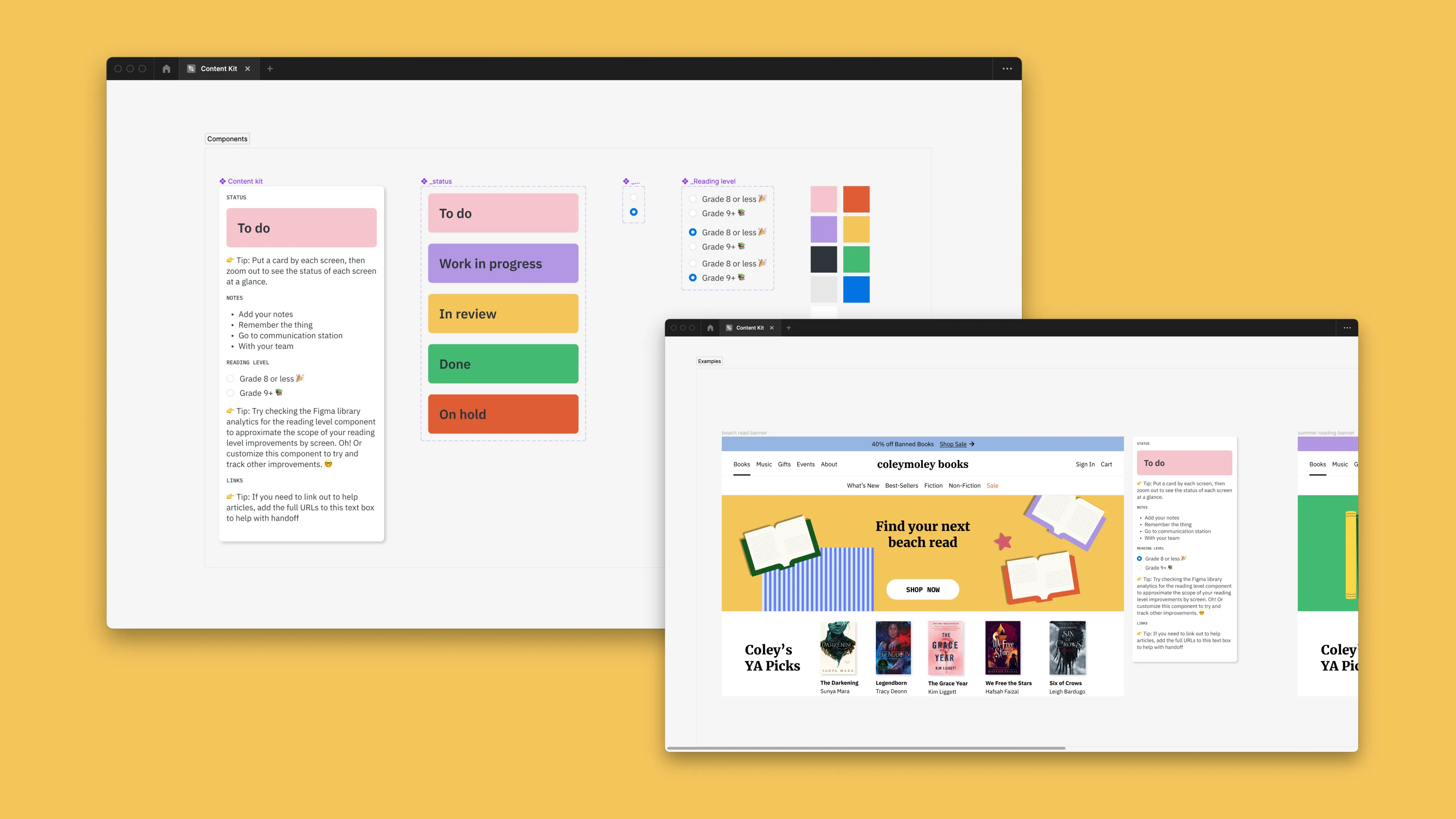 Figma canvas with Content Kit component cards and status labels alongside a sample bookstore website