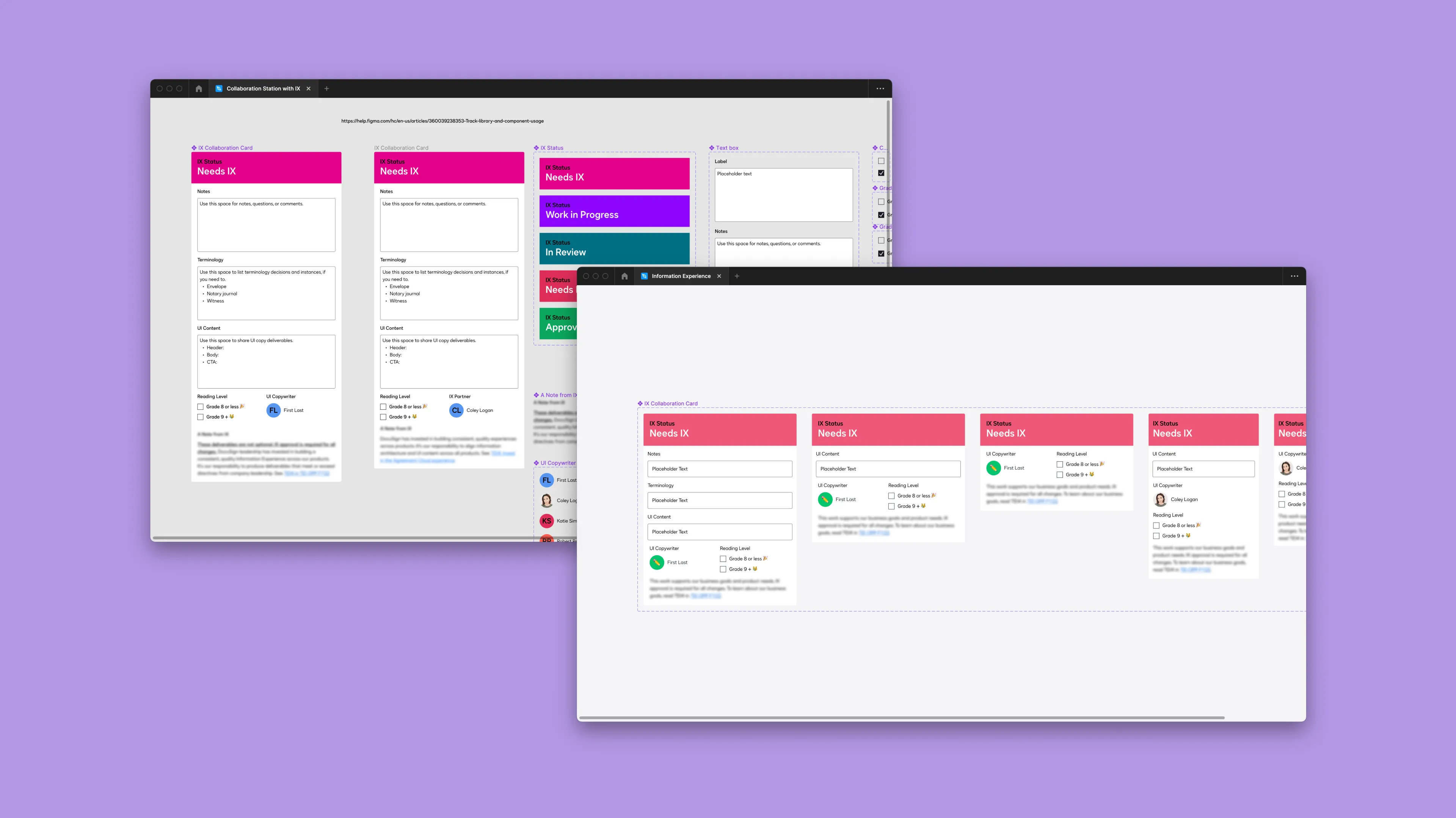 DocuSign Content Kit cards with reading level fields, shown alongside Figma library analytics