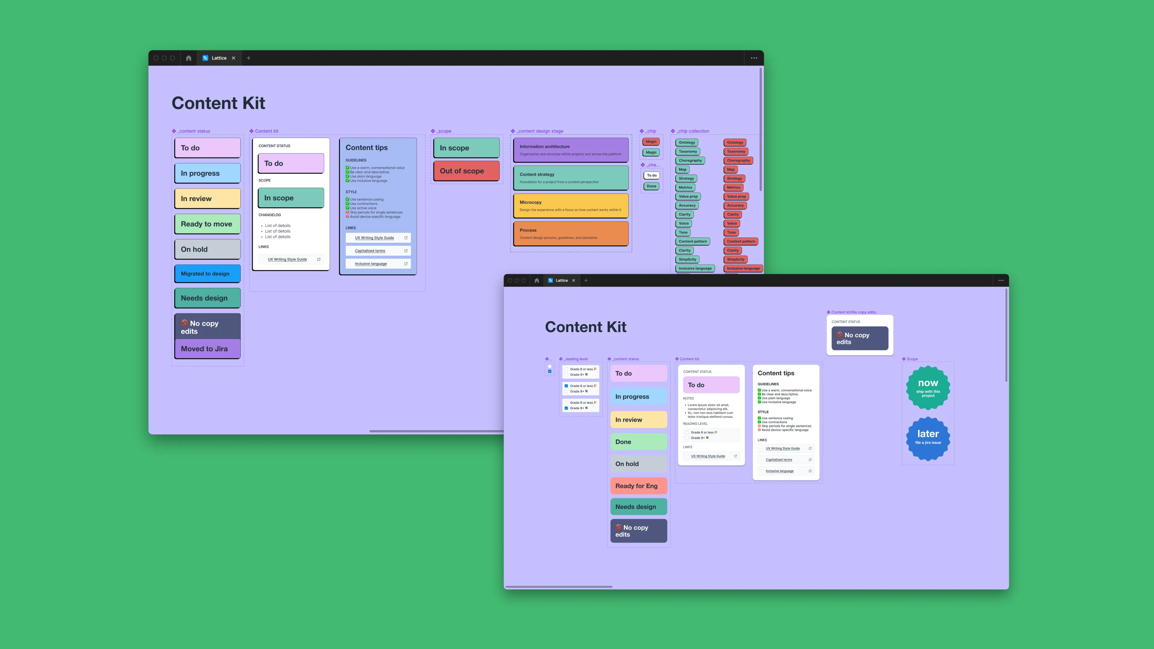Lattice Content Kit with additional status labels including Ready to accept, Ready for bug, and Ready to ship