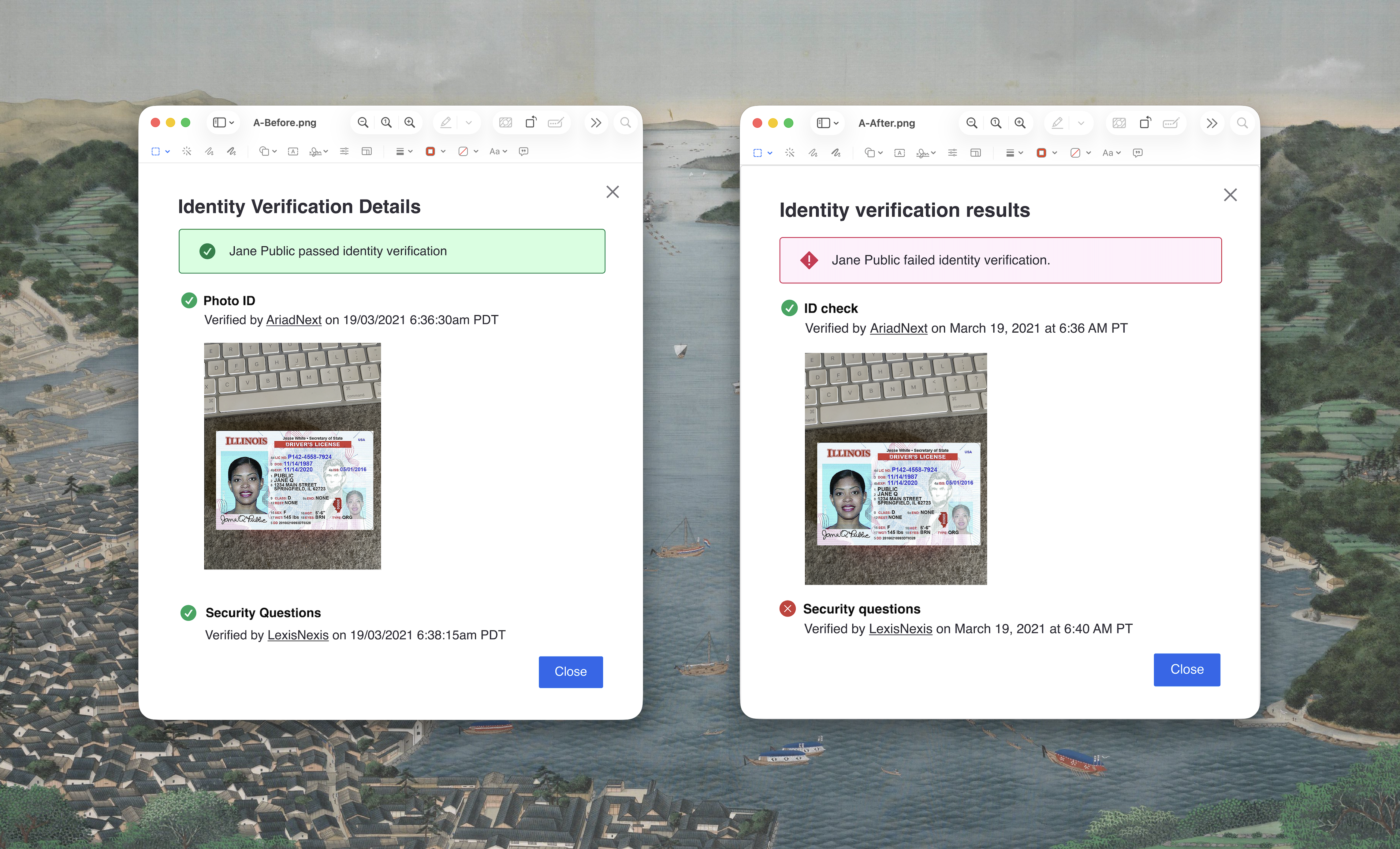 Before and after identity verification modal showing a passed verification with revised heading and date formatting