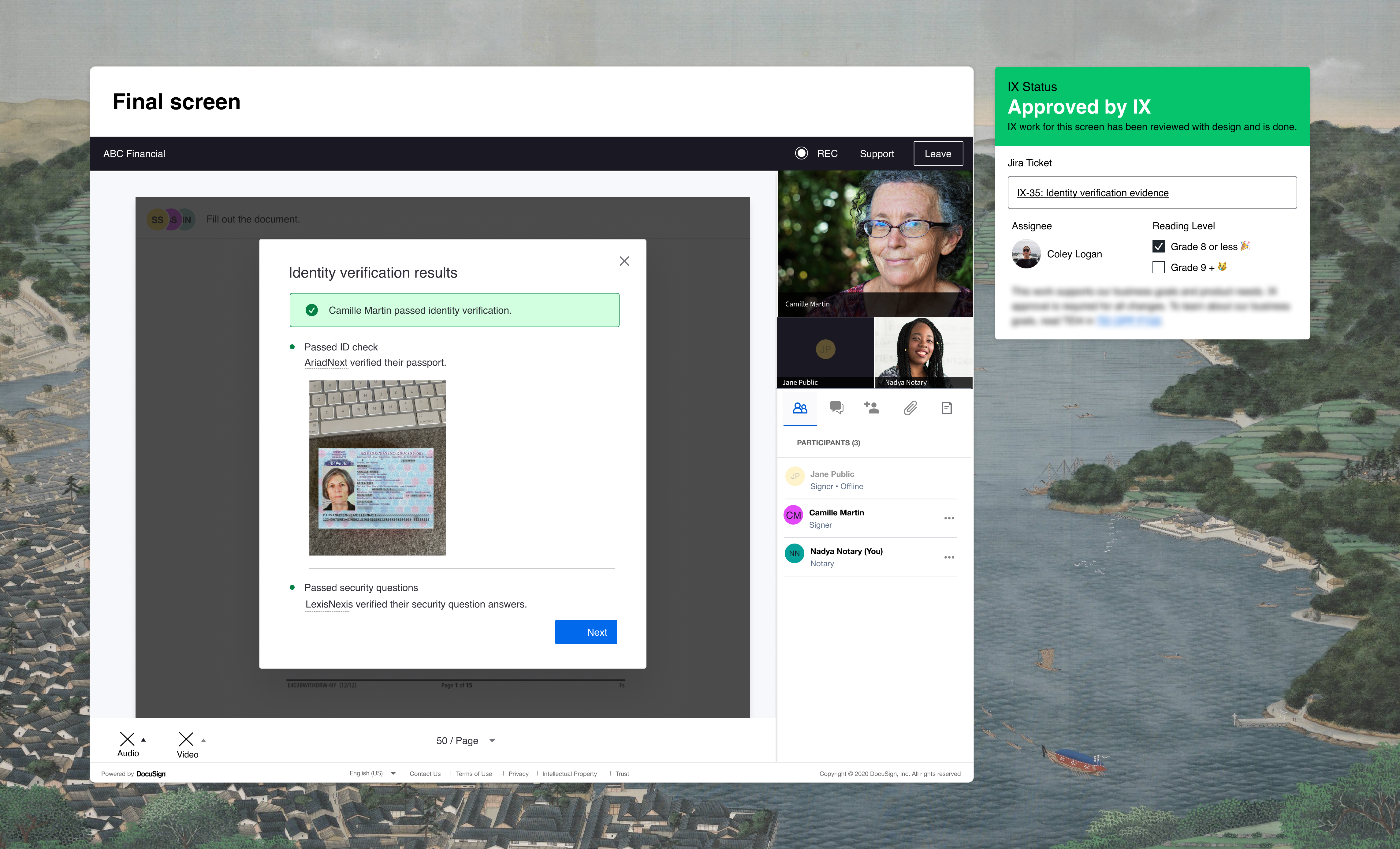 Option B modal in context during a live notary session, alongside a Jira ticket showing UX approval