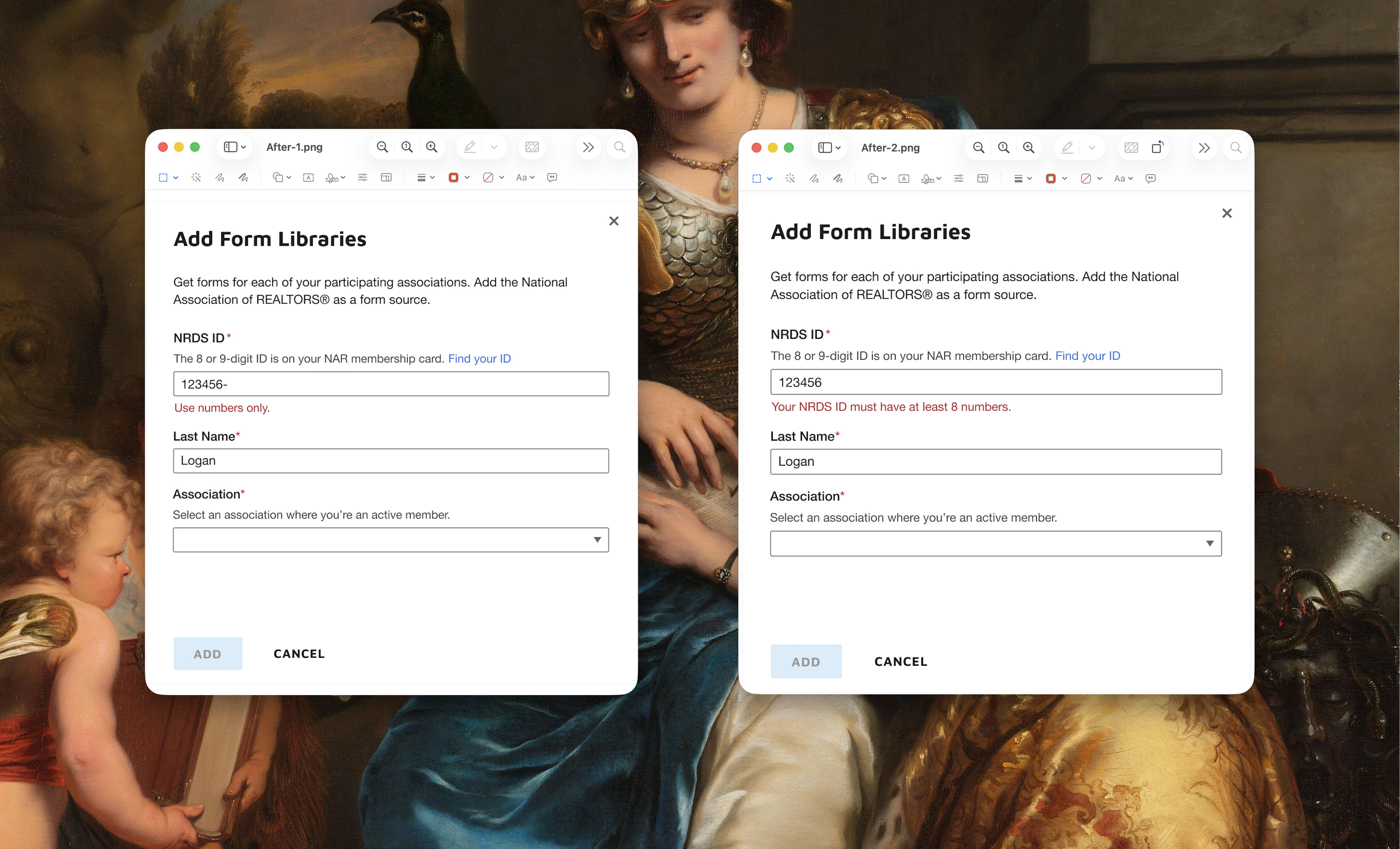 Revised modal with inline validation errors for the NRDS ID field