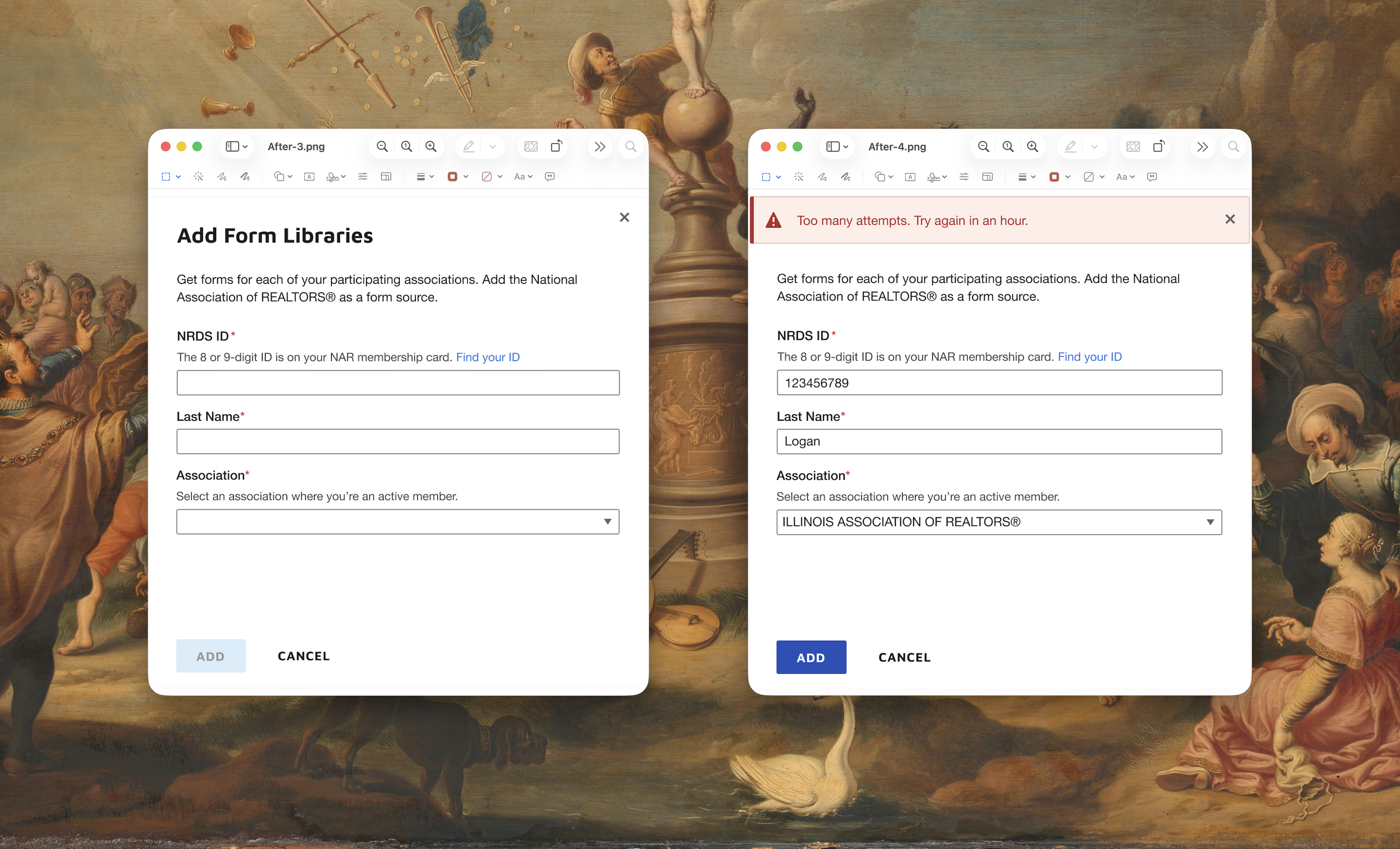 Revised modal showing the new rate limit error message and a completed form