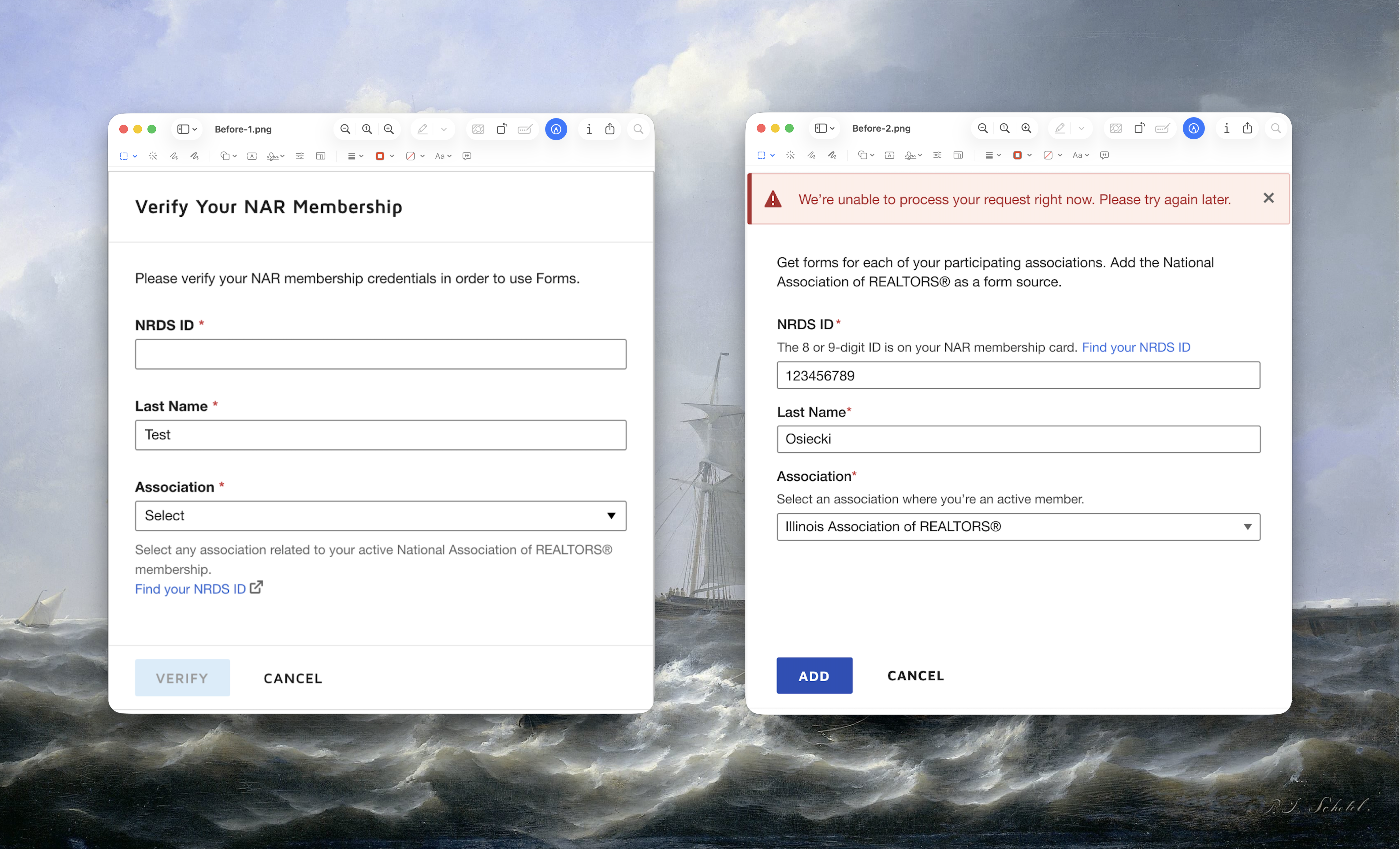 Two of three original modal variations, one showing a 500 error toast for what was actually a 429 rate limit