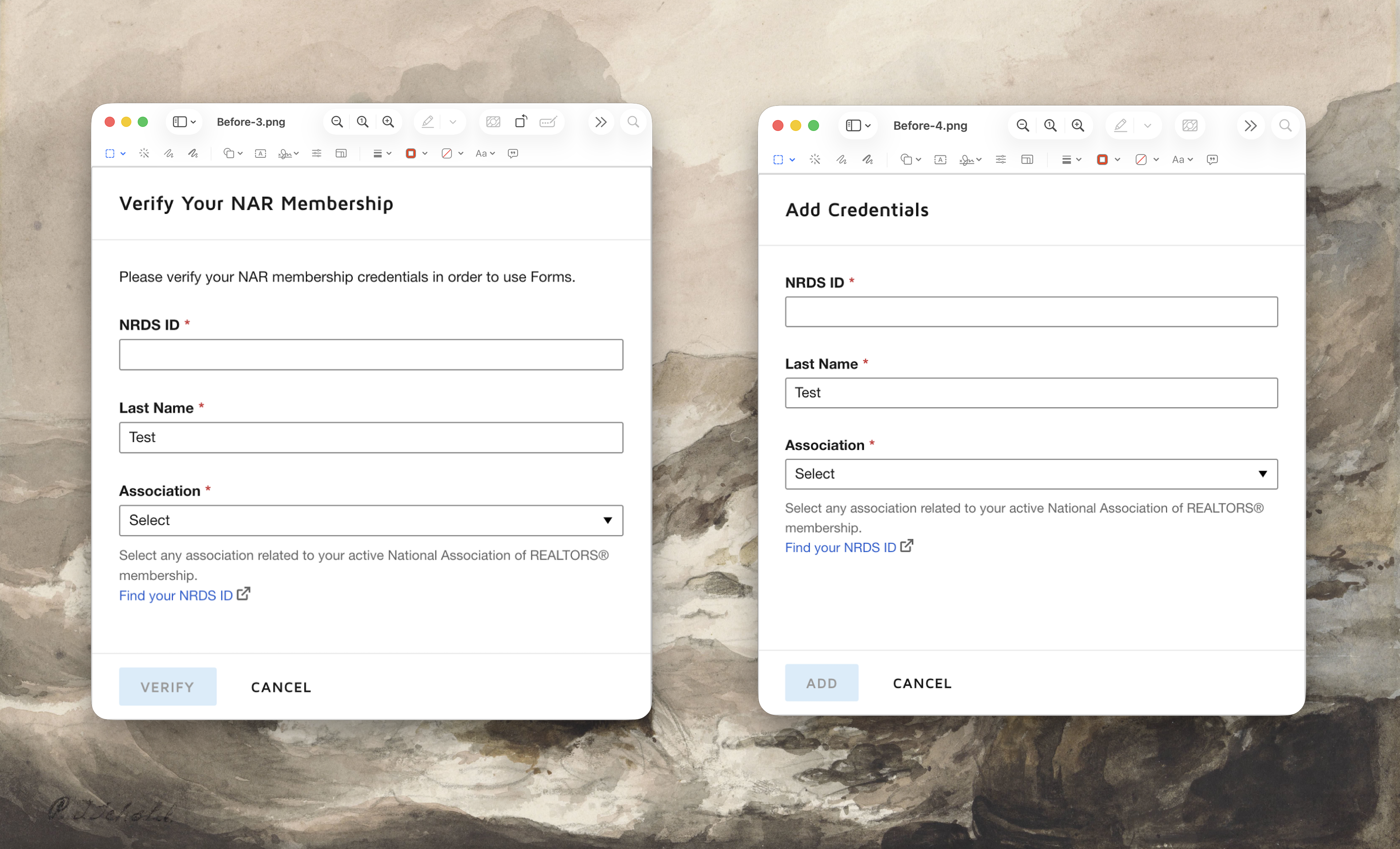 Two more original modals with inconsistent headers: Verify Your NAR Membership vs Add Credentials