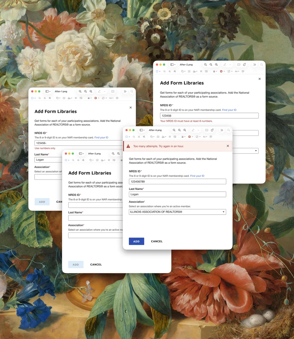 Three overlapping screenshots of the DocuSign Add Form Libraries modal showing NRDS ID validation, inline field errors, and a rate limit warning
