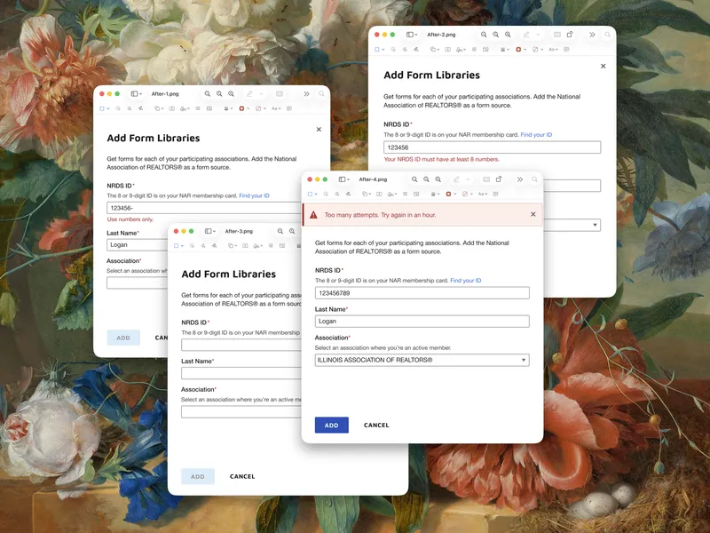 Three overlapping screenshots of the DocuSign Add Form Libraries modal showing NRDS ID validation, inline field errors, and a rate limit warning