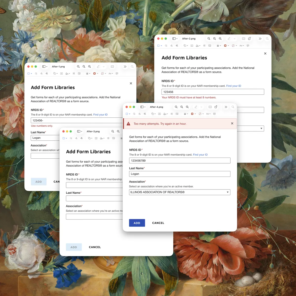 Three overlapping screenshots of the DocuSign Add Form Libraries modal showing NRDS ID validation, inline field errors, and a rate limit warning