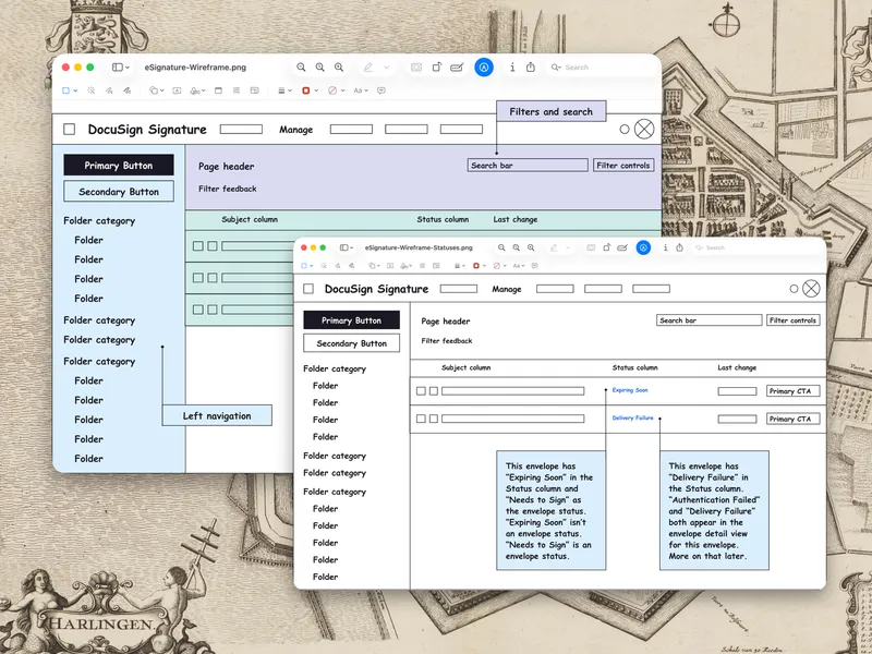 Two annotated wireframes of the DocuSign eSignature Manage page, with callouts highlighting inconsistent envelope status labels