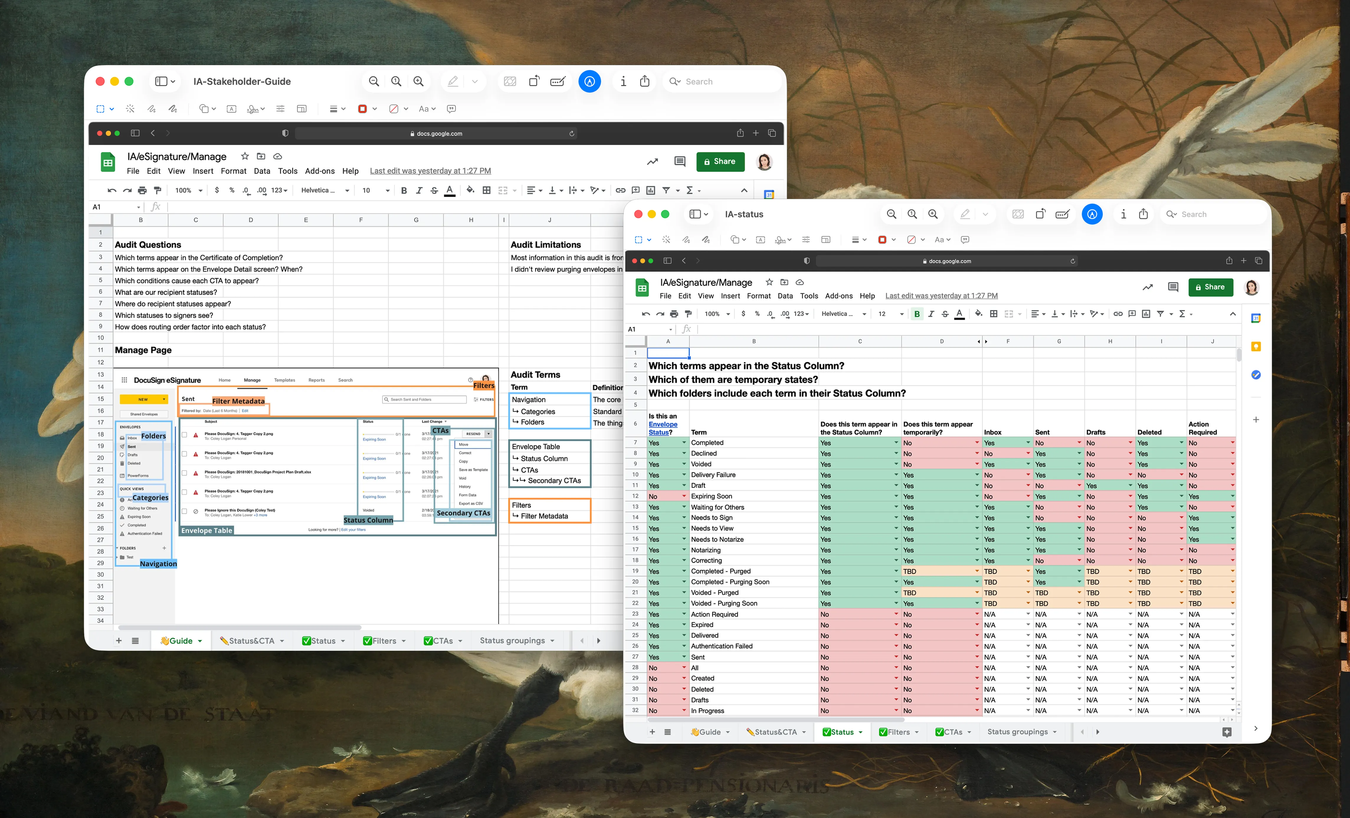 Two Google Sheets tabs showing audit questions and terminology definitions alongside envelope status data tracked across folders and filters