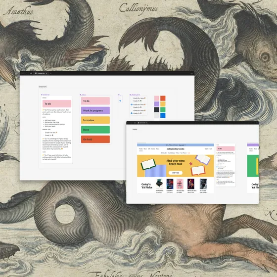 Figma canvas showing Content Kit status cards — To do, Work in progress, In review, Done, On hold — alongside a sample bookstore website using the library