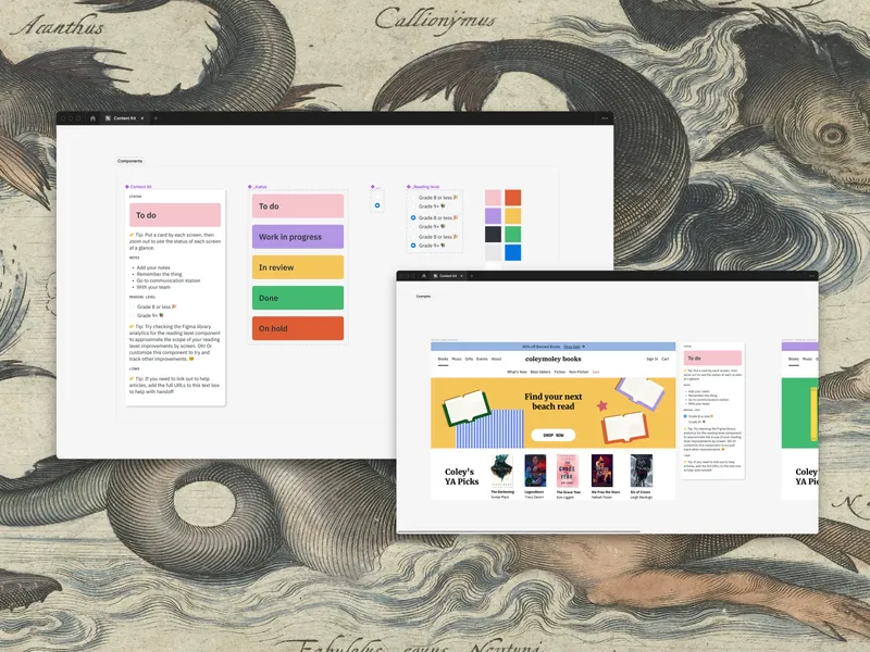 Figma canvas showing Content Kit status cards — To do, Work in progress, In review, Done, On hold — alongside a sample bookstore website using the library