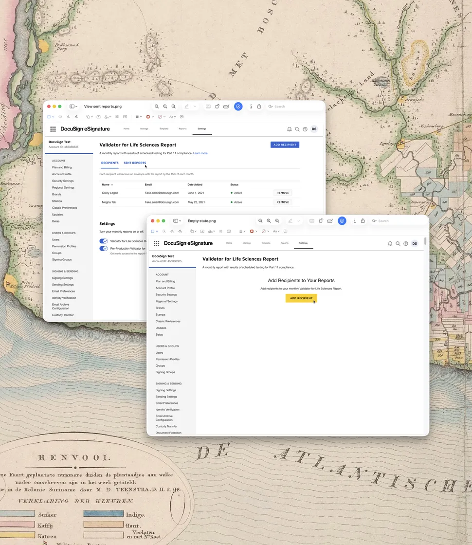 Two overlapping screenshots of the DocuSign Validator for Life Sciences settings page showing a populated recipient list and the redesigned empty state with an Add Recipients prompt
