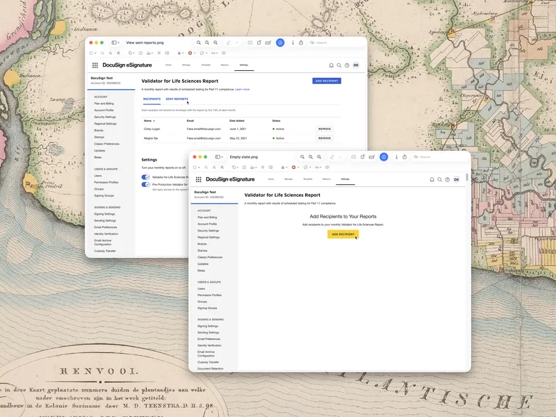 Two overlapping screenshots of the DocuSign Validator for Life Sciences settings page showing a populated recipient list and the redesigned empty state with an Add Recipients prompt