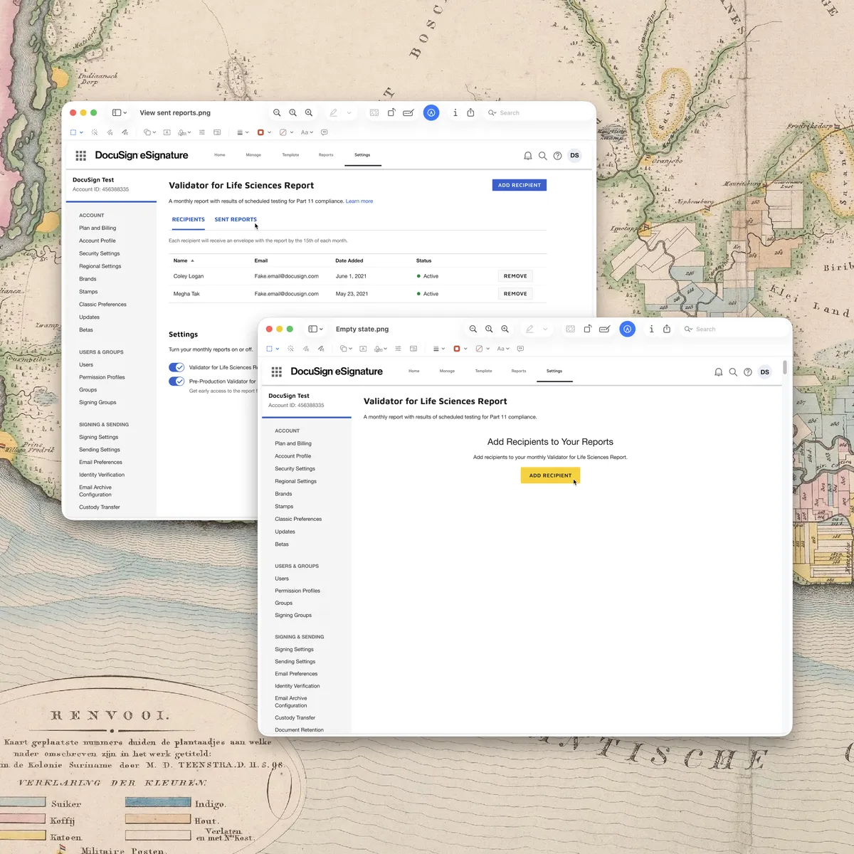 Two overlapping screenshots of the DocuSign Validator for Life Sciences settings page showing a populated recipient list and the redesigned empty state with an Add Recipients prompt