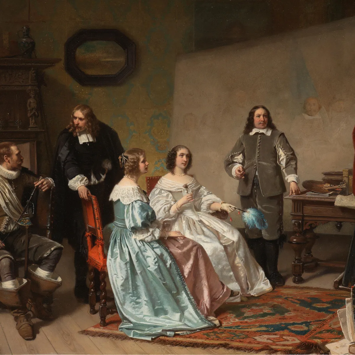 A Dutch Golden Age painting of five figures in period dress gathered in a richly furnished interior