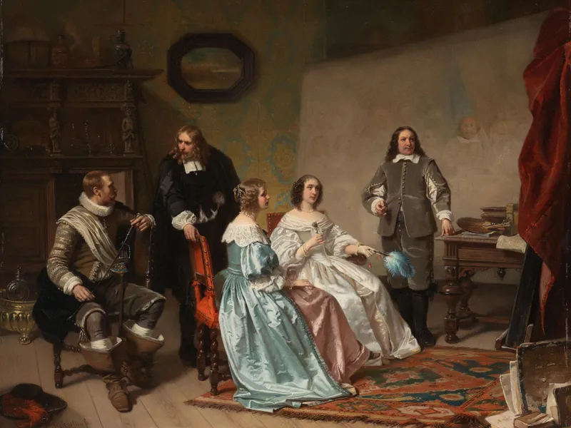 A Dutch Golden Age painting of five figures in period dress gathered in a richly furnished interior
